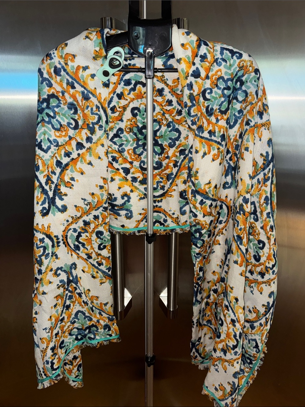 Kish White Printed Cropped Jacket with Blue & Mustard Paisley